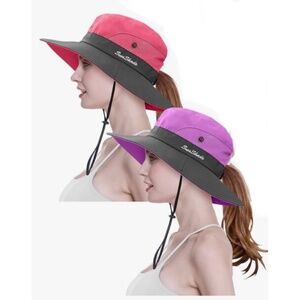 NWT OUTDOOR PONYTAIL SUN UV PROTECTION BUCKET FOLDABLE SUMMER BEACH WOMEN HAT